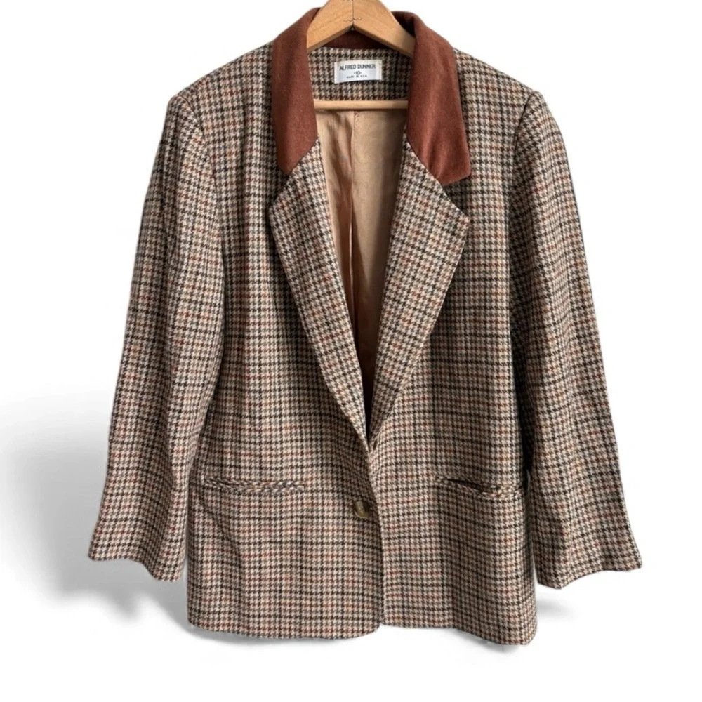 Vintage Alfred Dunner Brown Wool Blend Houndstooth Blazer Jacket Size 10